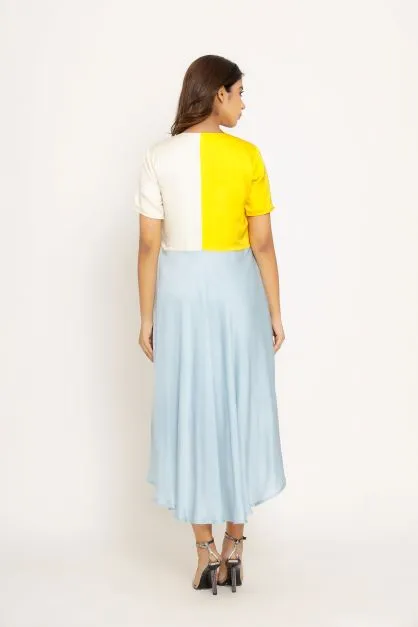 Yellow Ice Blue Color Blocking Dress