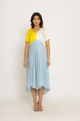 Yellow Ice Blue Color Blocking Dress