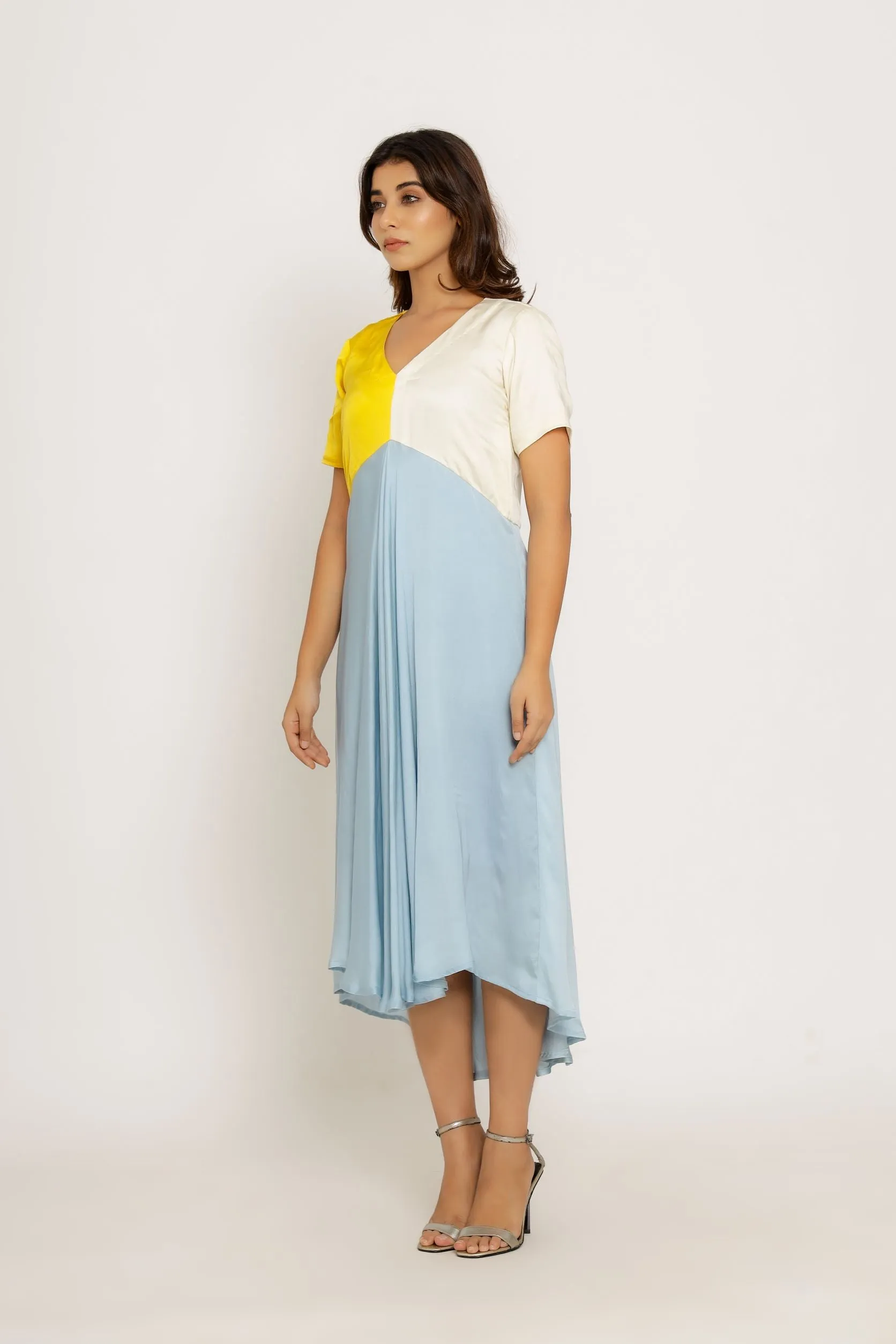 Yellow Ice Blue Color Blocking Dress