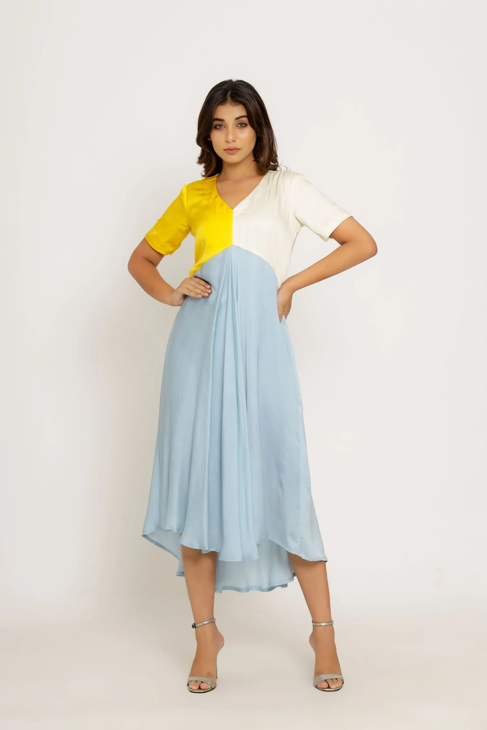 Yellow Ice Blue Color Blocking Dress